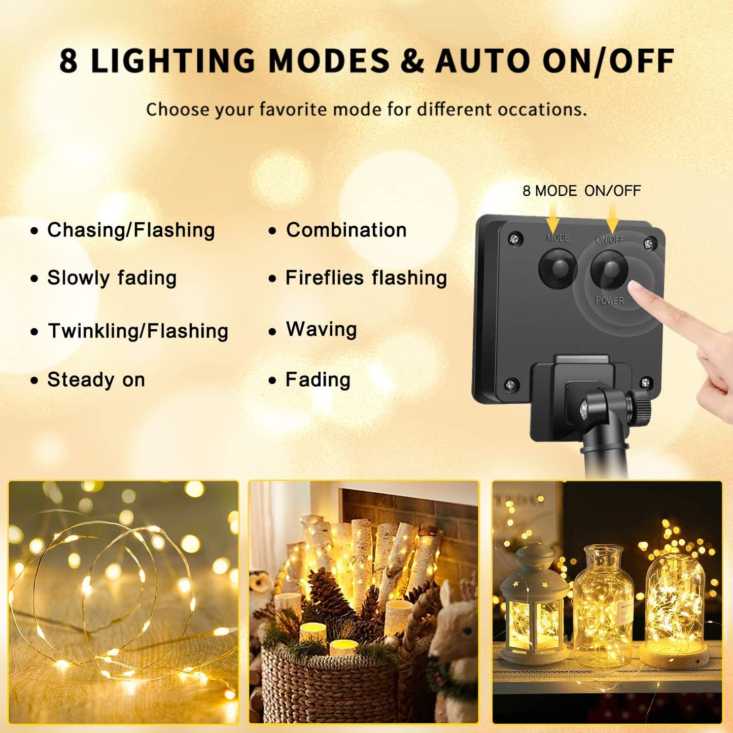 JMEXSUSS 4 Pack 100 LED Solar Fairy Lights, 33ft Warm White Solar String Lights Outdoor Waterproof, 8 Modes Copper Wire Solar Twinkle Lights for Garden Yard Tree Wedding
