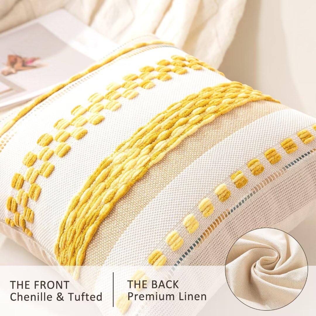 WANLIRD Boho Throw Pillow Covers 18x18 Set of 2 Farmhouse Decorative Cushion Case Striped Square Pillows Cover Chenille Pillow Cases Accent Neutral Pillowcase for Sofa Couch Bed,Yellow