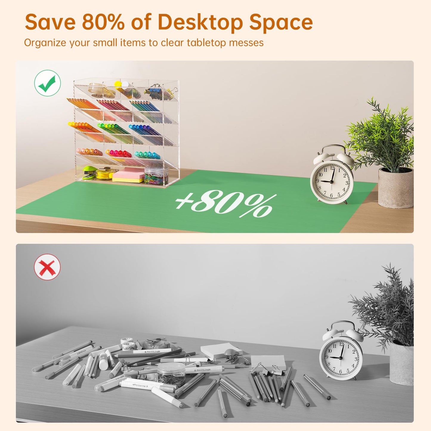 BEYGORM Acrylic Vertical Marker Organizer for 150 Markers with 13 Compartments, Clear Angled Pen & Pencil Holder, Large Desk Stationery & Art Supply Storage for Office & School (10.2 x 9.8 x 4 Inch)
