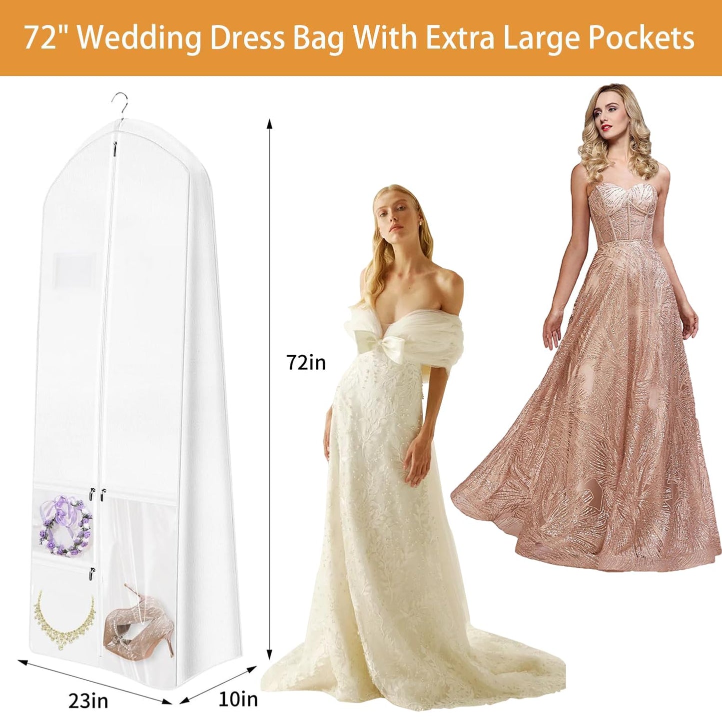 72" Wedding Dress Garment Bag with Bride Tote Bag 10'' Gusseted Dress Bags for Gowns Long 4 Pockets Dress Bag Garment Storage Cover for Women, White
