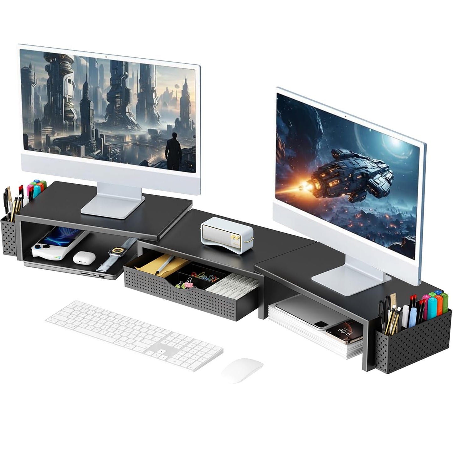 gianotter Dual Monitor Stand Riser, Desk Organizer With Drawer and 2 Pen Holders, Computer Monitor Stand, Shelf for Top of Desk, Black