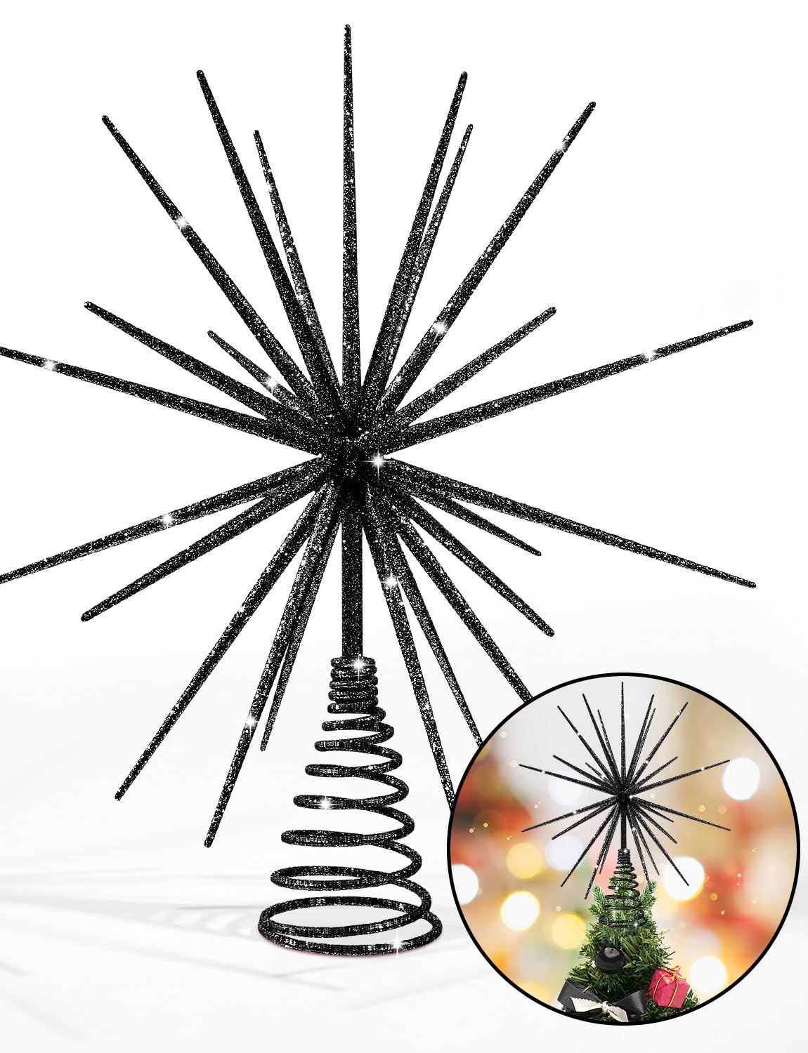 13.7 Inch Black Christmas Tree Topper - 3D Burst Black Tree Topper, Exploding Star Christmas Tree New Year Holiday Tree Decoration
