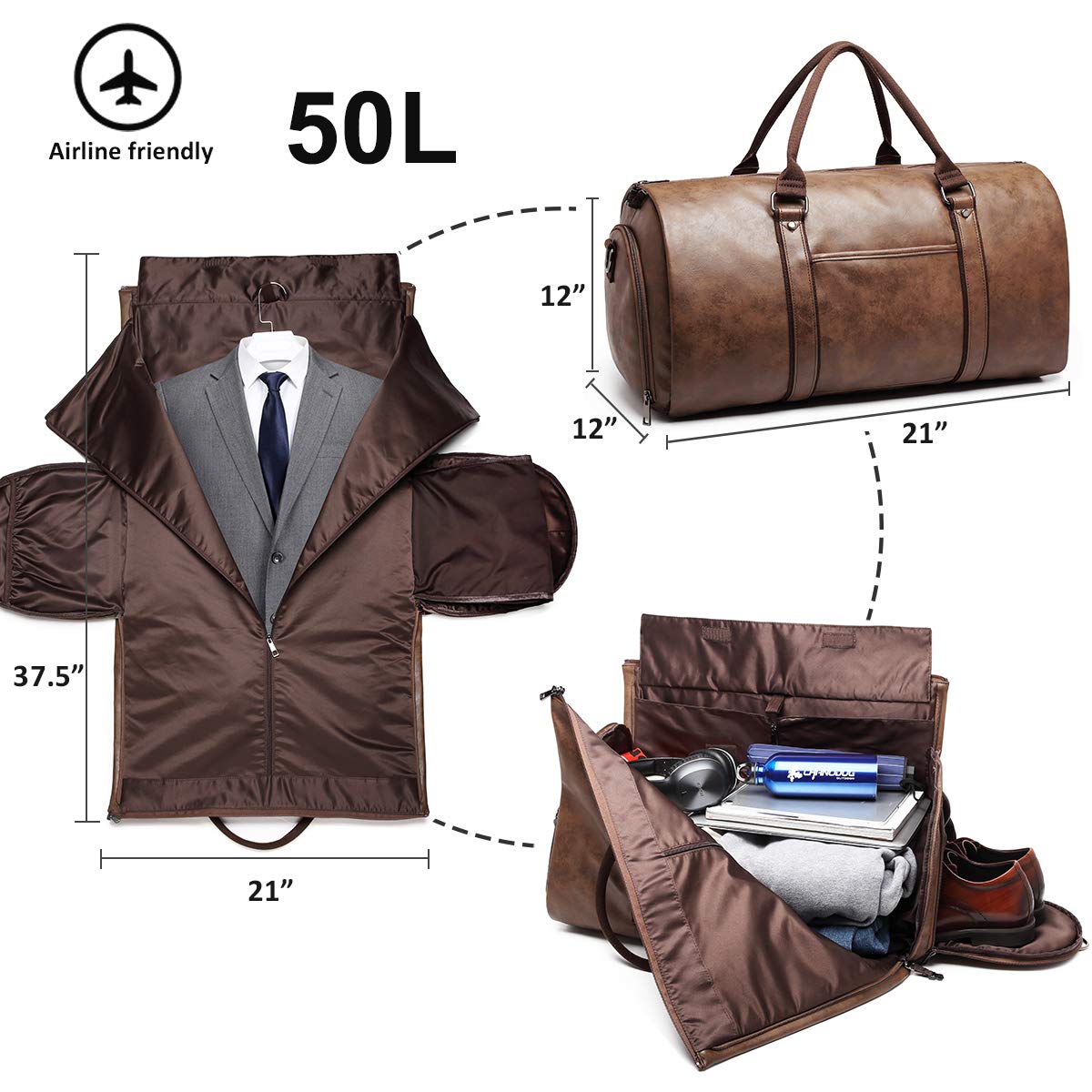 BOLOSTA Carry on Garment Bags for Travel Leather Garment Duffle Bag Convertible Mens Suit Travel Bags with Shoe Compartment,Waterproof,Perfect for Business Travel/Husband Gifts (Brown)