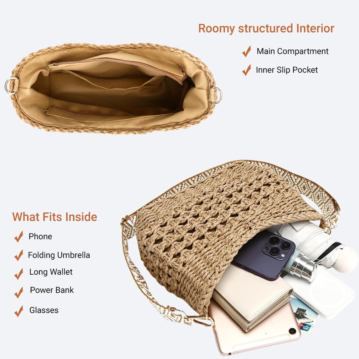 Herald Small Summer Crossbody Bags for Women, Beach Handmade Straw Woven Pocketbooks Handbag Shoulder Purse (Hollow Out Coffee)