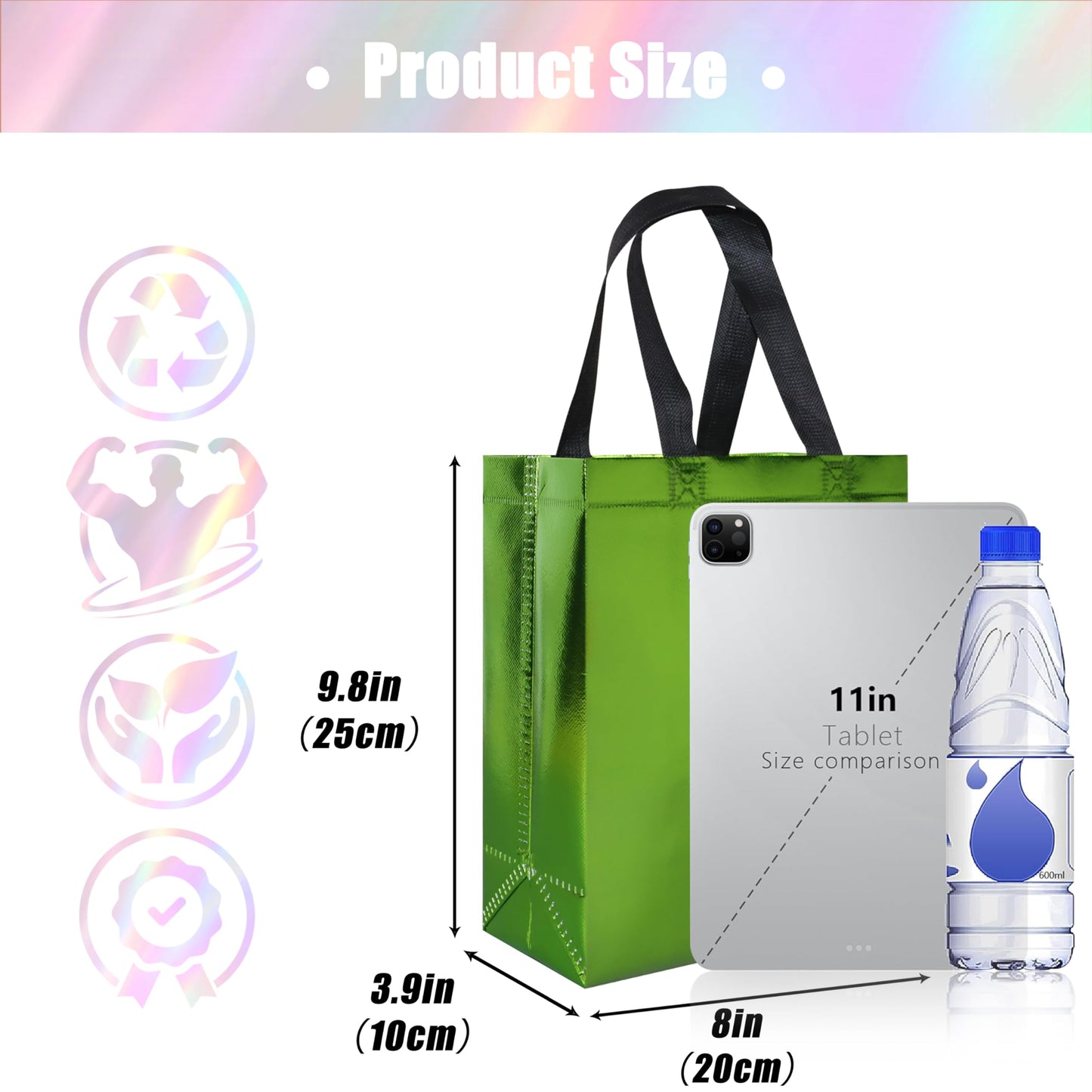 cabzymx Glossy Small Gift Bags 18 pcs, Light Green Non-woven Christmas Treat Bags, 7.9 x 3.9 x 9.8 In Reusable Goodie Bags Bulk with Sturdy Base for Birthday, Wedding, Easter, Thanksgiving, Holiday