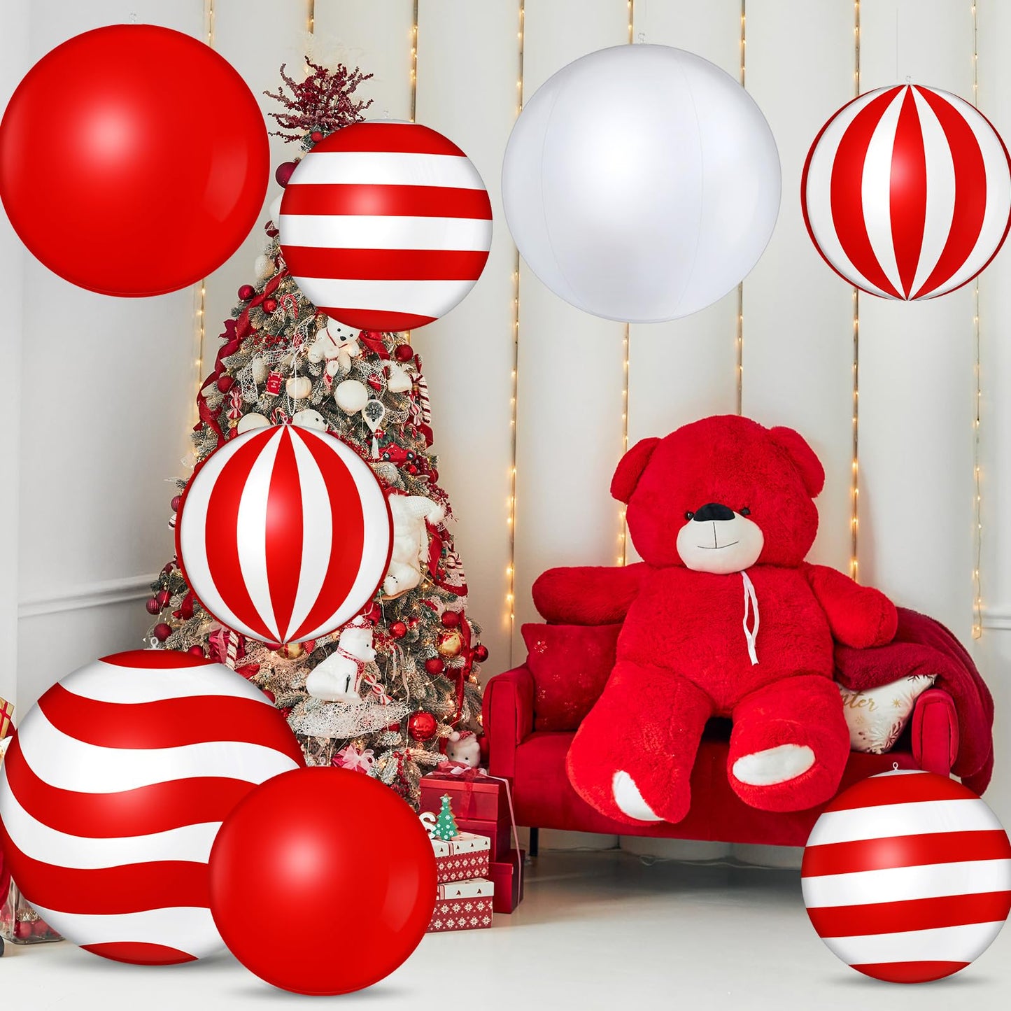 Jetec 12 Pcs 24 Inch 16 Inch Giant Inflatable Christmas Balls Ornaments Large PVC Inflatable Ball Decorations for Xmas Tree Holiday Yard Lawn Porch Outdoor(Red, White,Classic Candy Cane)