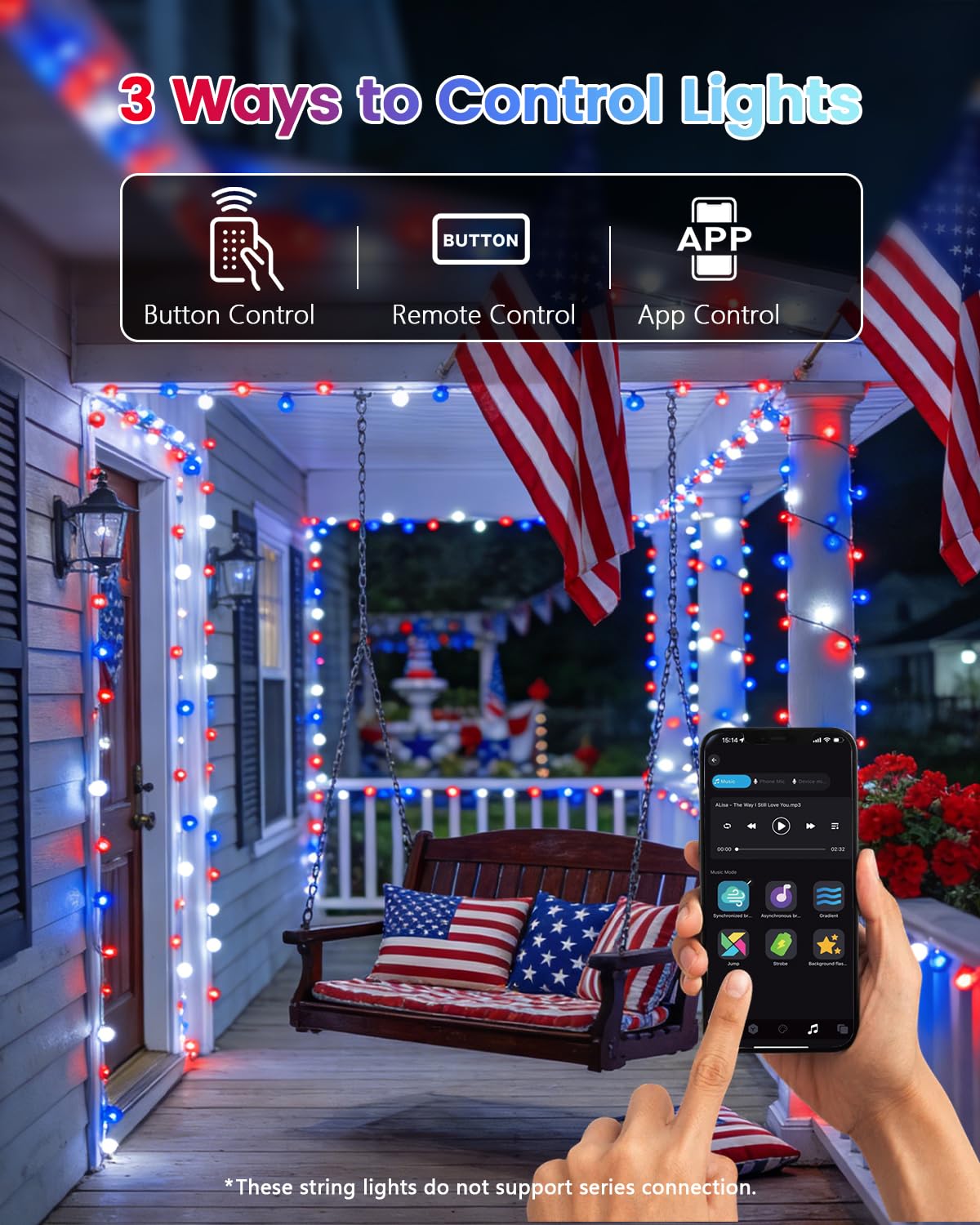 600LED Smart 4th of July String Lights | 206FT App Controlled Red White and Blue American Flag Lights, Waterproof Patriotic RGB Color Changing String Lights with Remote & Timer Outdoor for Memory Day
