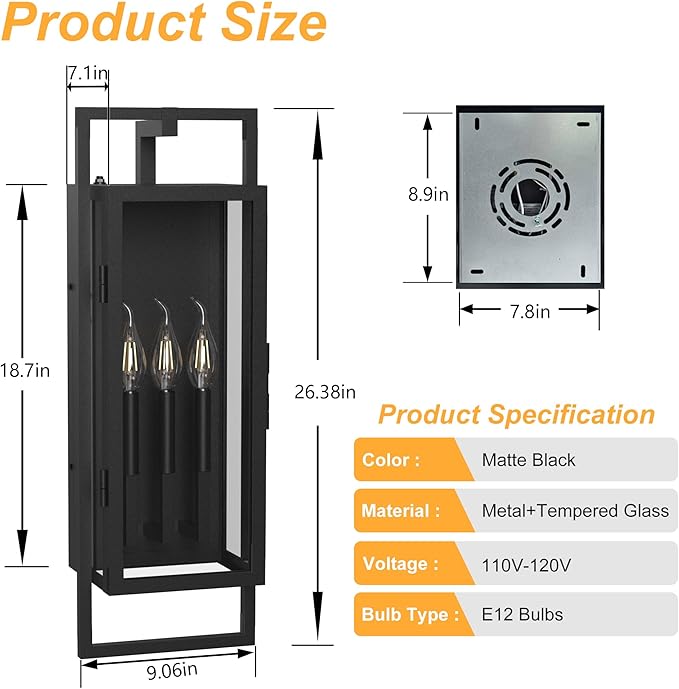𝟐𝟔.𝟑𝟖𝐈𝐍 Porch Light Outdoor, Dusk to Dawn Wall Lantern with Tempered Glass, Waterproof Outside Light Front Porch Light 3-Light, Matte Black Front Open Window Wall Sconce for Patio