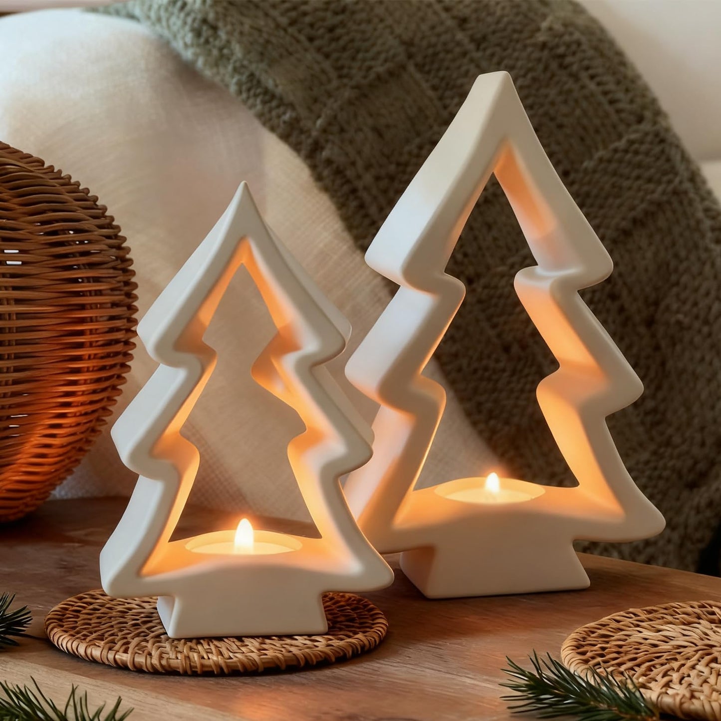 AceOrbit 2 Pcs Christmas Tree Candle Holders White Wooden Tealight Holders Wooden Farmhouse Rustic Candle Stick Xmas for Christmas Table Centerpiece Mantel Decor