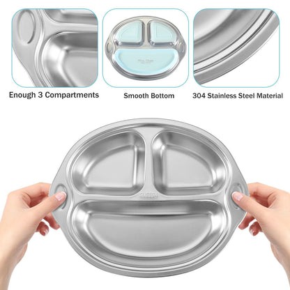 Mrs. Chou® BPA-Free 100% Food-Grade Stainless Steel Baby Plates with Suction Divided Designed for Babies and Toddlers, Ideal for Kids Infant Baby-Led Weaning Toddler Feeding Supplies Dishwasher Safe