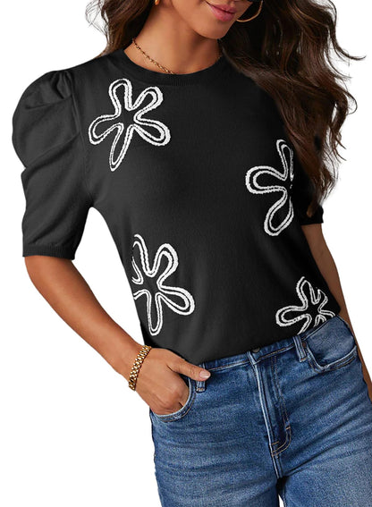 Dokotoo Women's Short Puff Sleeve Knit Tops 2025 Trendy Crewneck Striped T Shirts Casual Summer Blouses