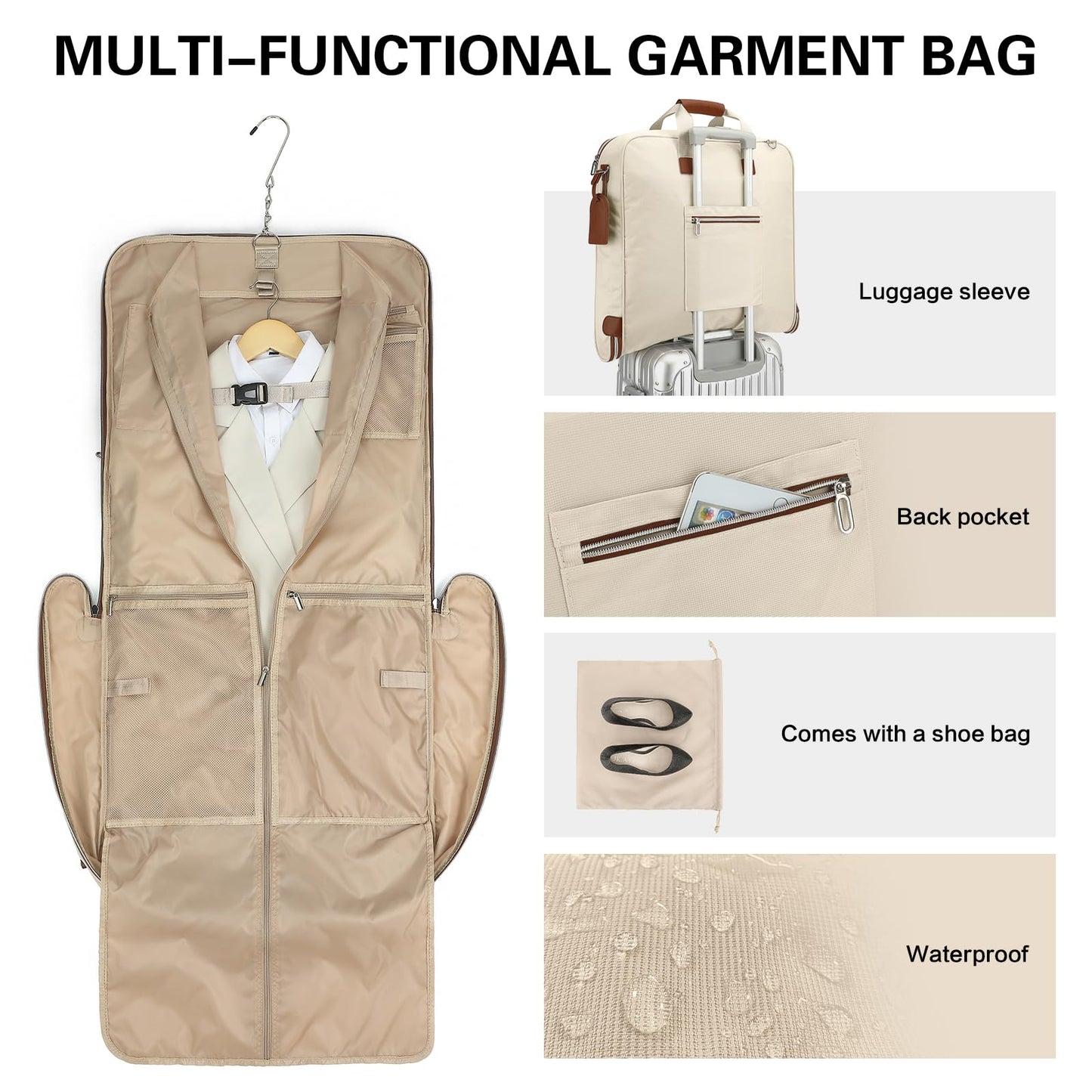 TONRUYN Travel Garment Bag Carry on Suit Bag for Women 51'' Waterproof Garment Bags Dress Bag for Travel Business Hanging Suitcase Luggage with Shoulder Strap Free shoes bag Fit 15.6'' Laptop, Beige