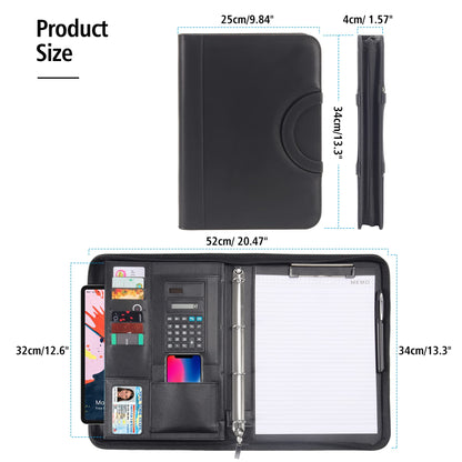 Agaritek Zipped Portfolio Binders for Men and Women - Leather Padfolio Business Planner Notebook Organizer with Zipper and Calculator- Holder for Tablet, Documents, Cards, Notebook, Notepad