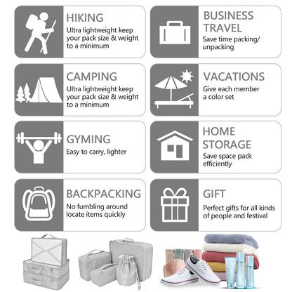 Packing Cubes 8 Sets Travel Luggage Organizers Include Waterproof Shoe Storage Bag Convenient Packing Pouches for Traveller (Grey)