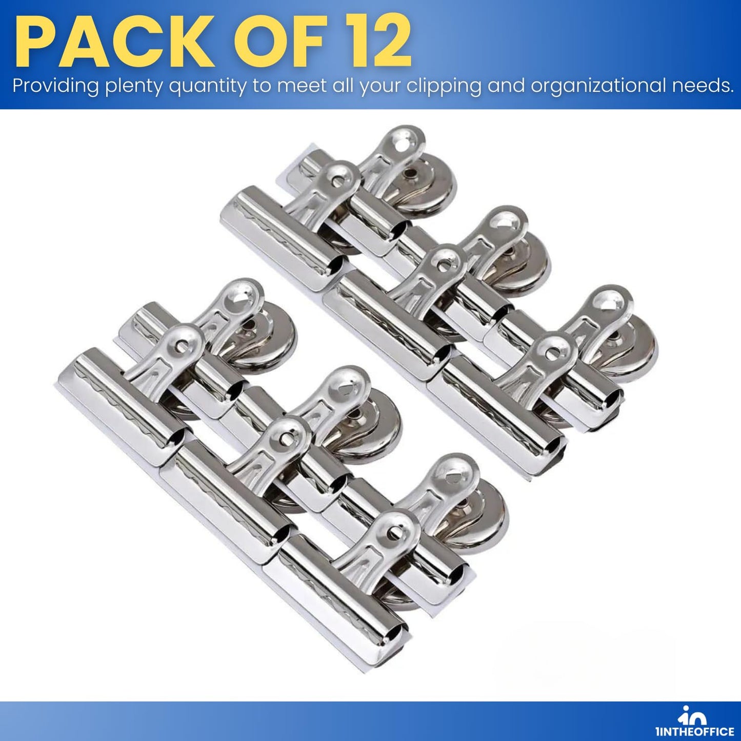 1InTheOffice Magnetic Clips for Refrigerator, Heavy Duty Refrigerator Bulldog Magnet Grip Clips, No. 2, 2.3" Width, 12 Pack, Silver