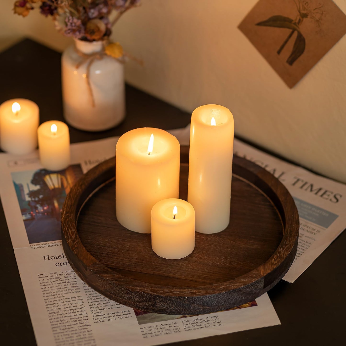 Hanobe Round Wooden Candle Trays: Rustic Candlestick Holder Tray Pillar Stand for Table Centerpiece - Farmhouse Coffee Table Decor for Living Room Kitchen Counter