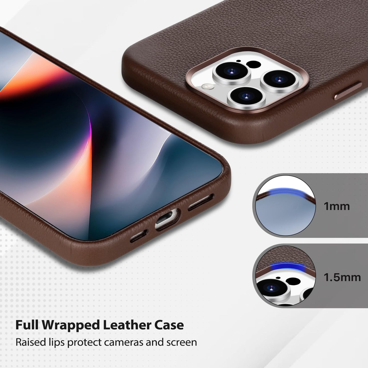Belemay Compatible with iPhone 15 Pro Max Leather Case, Compatible with MagSafe - Luxury Tumbled Leather - Metal Buttons & Lens Protector - Slim Fit&Durable - Distinctive Texture (6.7-inch) - Brown