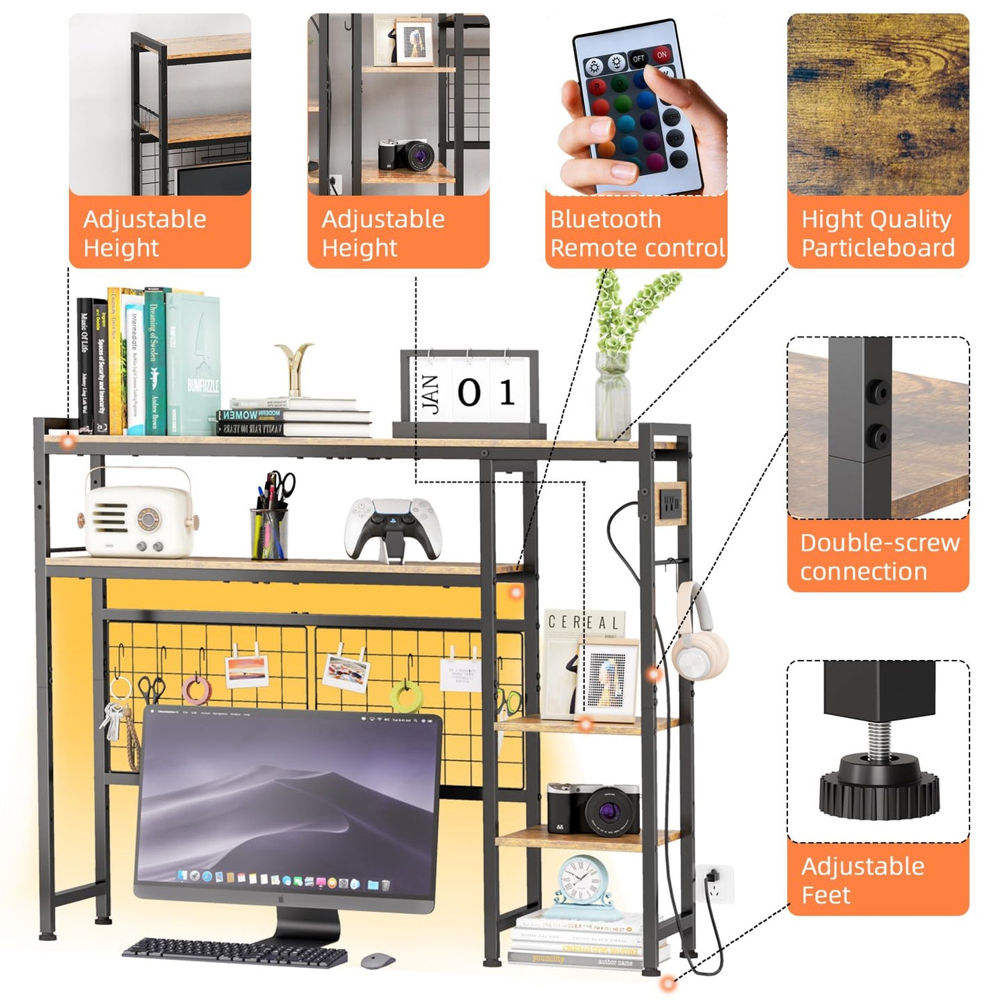 STEHEMO Desk Shelf for Top of Desk, 41.3" Desktop Organizer Shelf with Grid Panel & LED Lights, Desk Hutch for Computer Monitor, Wood Desktop Bookshelf for Home Office Dorm, with Power Outlets