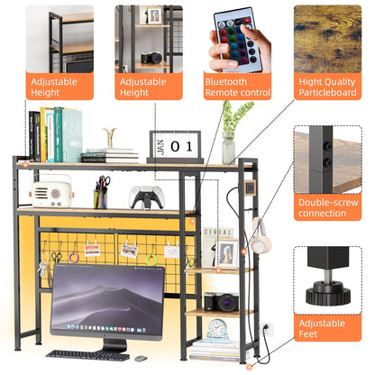 STEHEMO Desk Shelf for Top of Desk, 41.3" Desktop Organizer Shelf with Grid Panel & LED Lights, Desk Hutch for Computer Monitor, Wood Desktop Bookshelf for Home Office Dorm, with Power Outlets