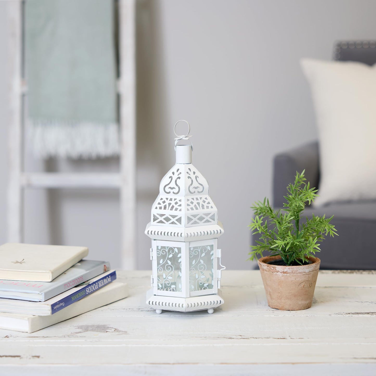 Accent Plus Christmas Decorations Indoor Lantern Decorative Outdoor Christmas Decorations Candle Lantern Moroccan Candle Holders Metal Hanging Lantern, White 6 X 5 X 12 Inches