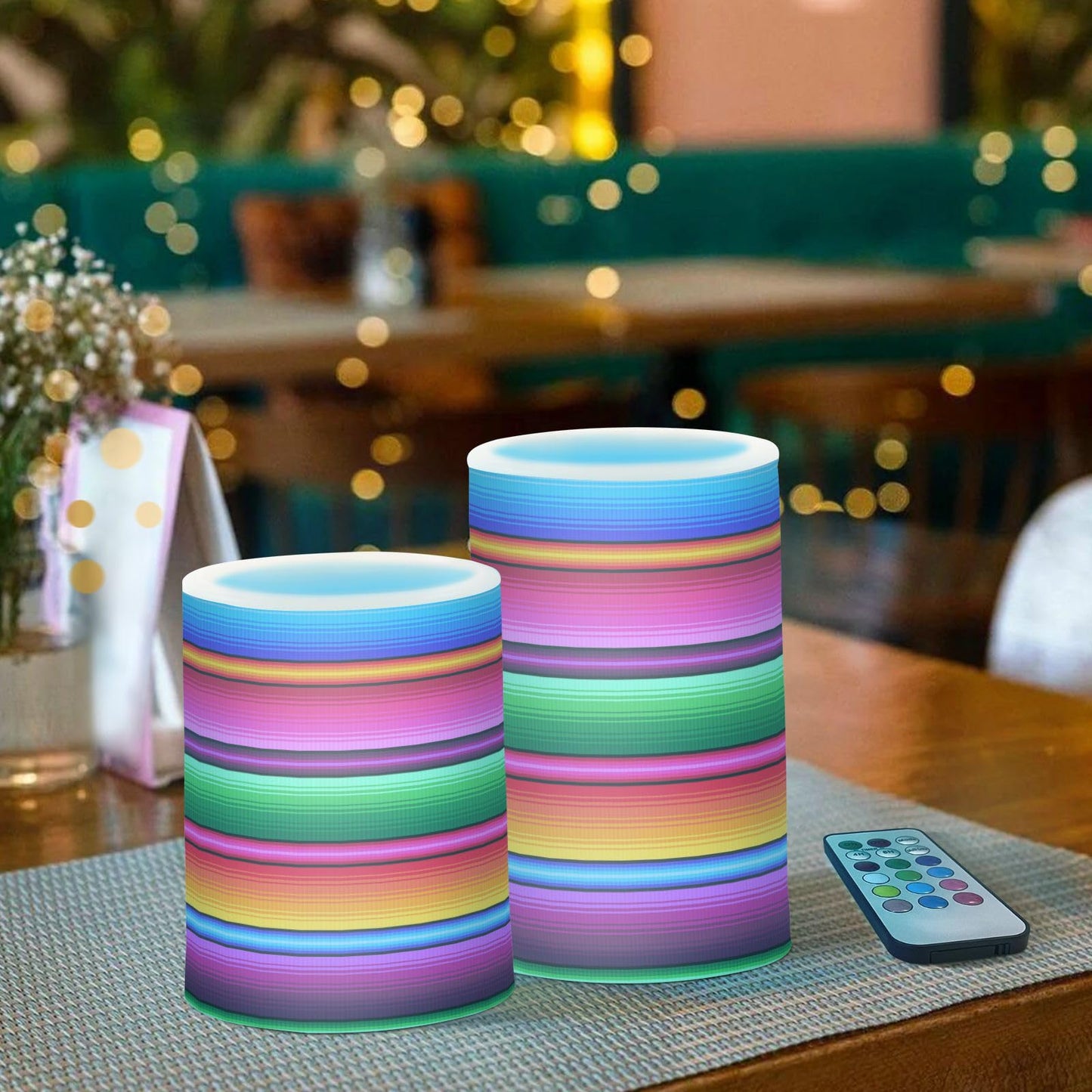 Eionryn Cinco De Mayo Ethnic Strips Flameless Candles Mexican Rainbow Battery Operated LED Candles with Remote Timer Electric Candles for Home Party Decor 2pcs