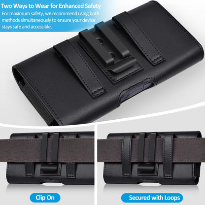 ACCKUO Leather Phone Holster with Strong Metal Belt Clip and Card Holder Compatible with iPhone 17 Pro Max, Samsung Galaxy S26/S25/S24/S23/S22/S21 Ultra A17 A16 for Everyday Protection, XL-Black