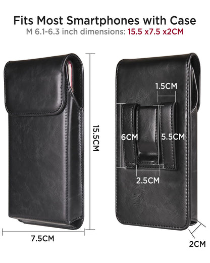 Miimall Cell Phone Holster for iPhone 17, 17 Pro 16, 16 Pro 15, 15 Pro 14, 14 Pro 13, 13 Pro 12, 12 Pro 11, 11Pro XR, Leather Cell Phone Belt Holder Pouch for Galaxy S26 S25 S24 S23 S22, Black-Medium