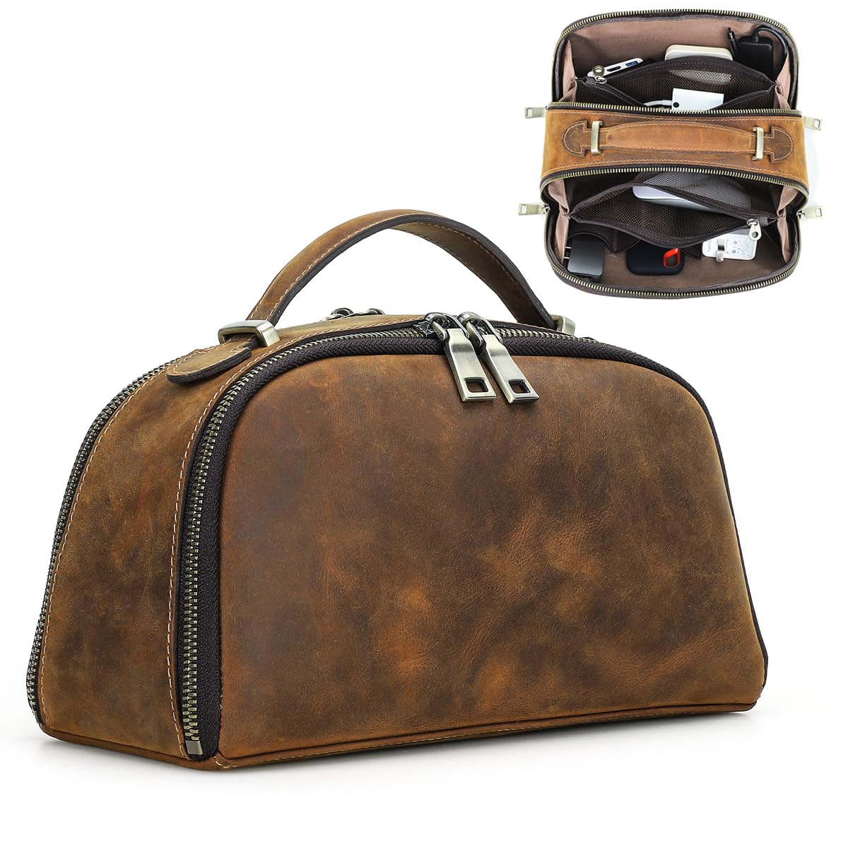CONTACTS Full Grain Leather Tech Organizer Travel Case for Electronics Accessories Portable Cable Organizer Pouch with Handle, Storage Bag for Charger, Cables, Power Bank, Mouse