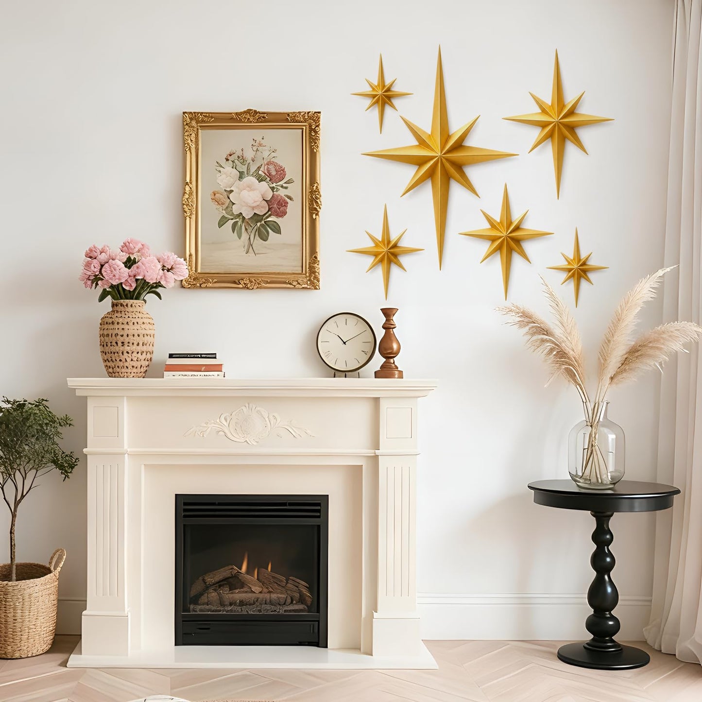Shudyear 6 Pack Starburst Wall Decor Set, 3D Retro Mid Century Modern Star Wall Art, Gold/Black Plastic Celestial Wall Sculptures for Living Room, Bedroom, Apartment Decor (Gold)