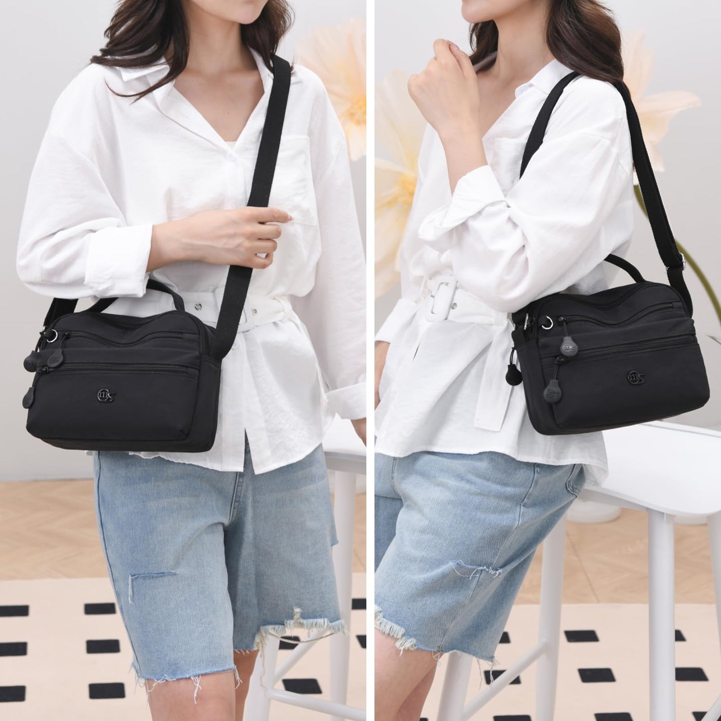 Eslcorrri Women Crossbody Bag Small Nylon Shoulder Purse Casual Neutral Light Multi Zipper Pockets Top-Handle Hobo Handbag -Sand