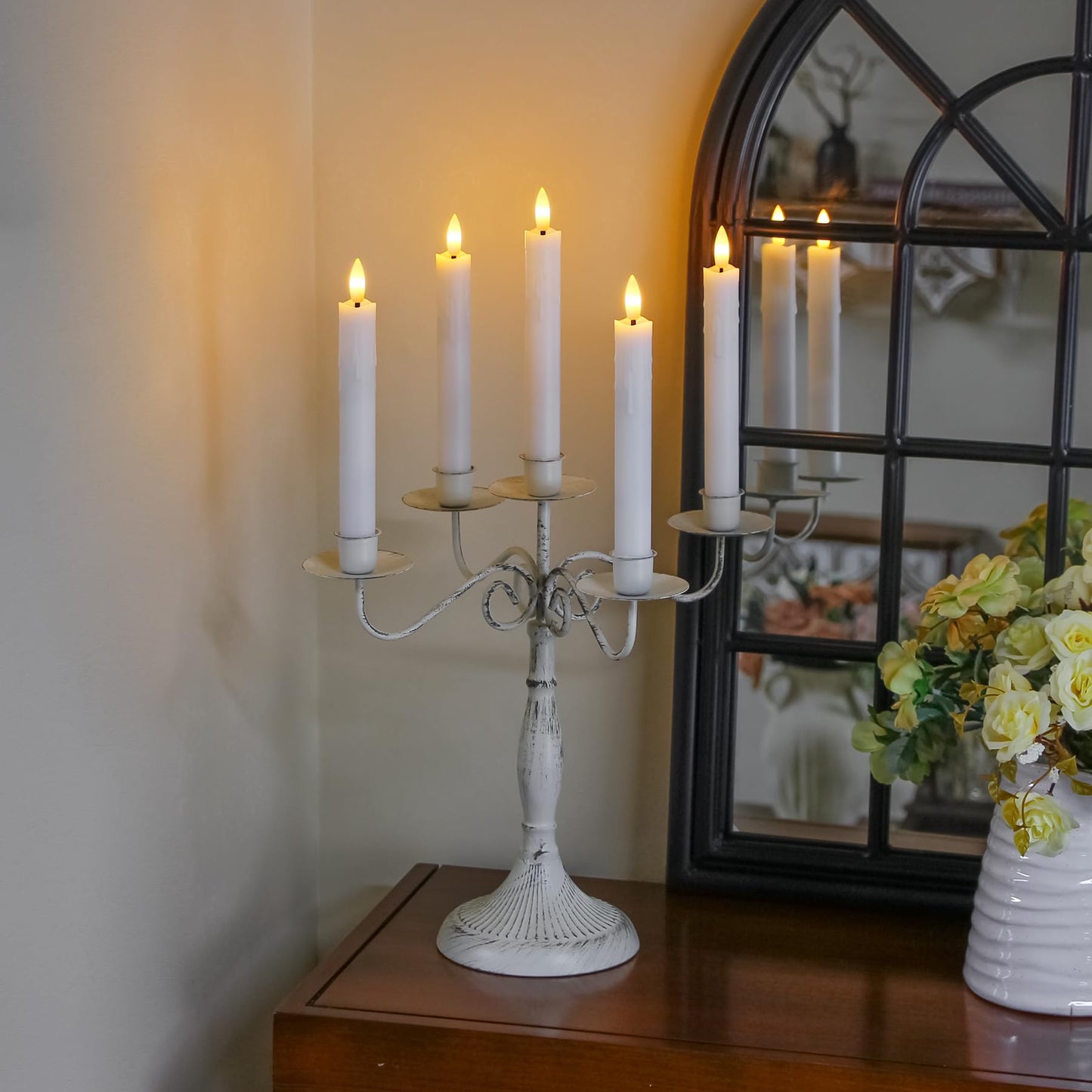 Mavandes Flameless Flickering Taper Candles Two Remote, 7.5 Inch White Battery Operated LED Window Candles Timer,Set of 6 Plastic 3D-Wick Dripping-Wax Effect Flameless Candlesticks(0.86”Dia,Warm Fire)