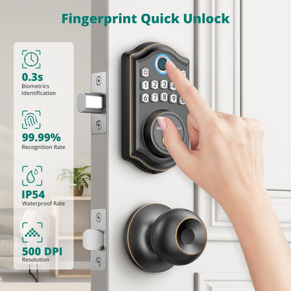 Keyless Entry Door Lock with Handle Set - Fingerprint Door Locks, Electronic Keypad Deadbolt, Smart Locks for Front Door, Auto-Lock & One Touch Locking, Easy Installation - Satin Nickel