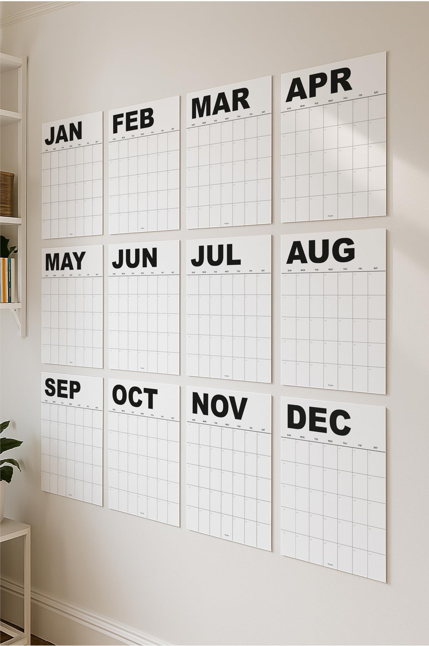 Dry Erase Undated Wall Calendar Planner – Minimal Black Design, Set of 12 A3 Monthly Sheets, Premium Thick Paper, Large Daily Boxes, Glossy Reusable Surface, Packed Flat – Not Folded