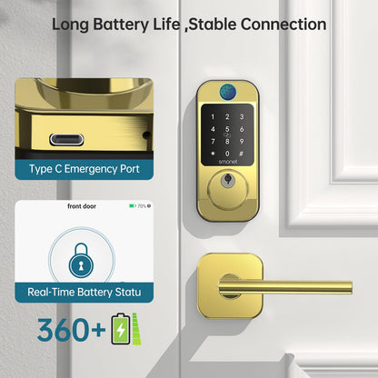 Keyless Door Lock with Handle Set - SMONET WiFi Fingerprint Smart Locks for Front Door, App Remote Control, Digital Bluetooth Keypad Deadbolt Set with Alexa, Auto Lock, Code, Fobs for Home Black