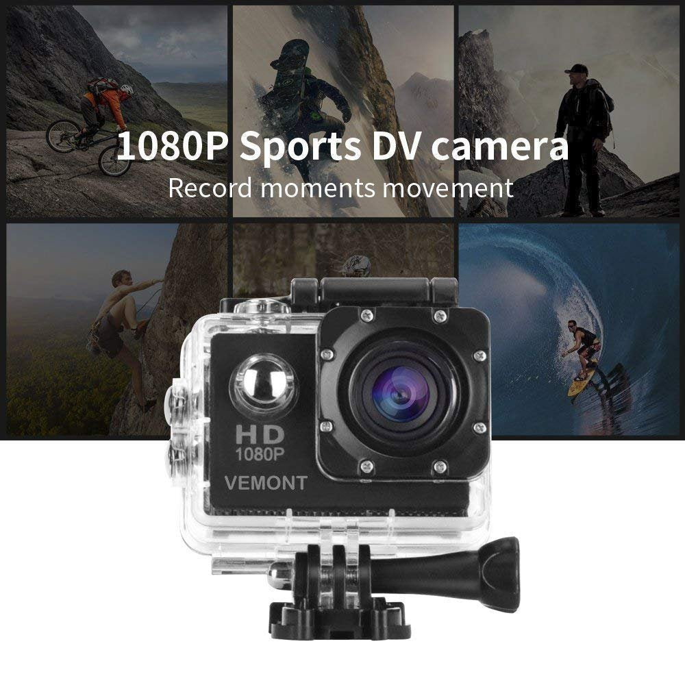 VEMONT Action Camera, 1080P 12MP Sports Camera Full HD 2.0 Inch Action Cam 30m/98ft Underwater Waterproof Snorkel surf Camera with Wide-Angle Lens and Mounting Accessories Kit