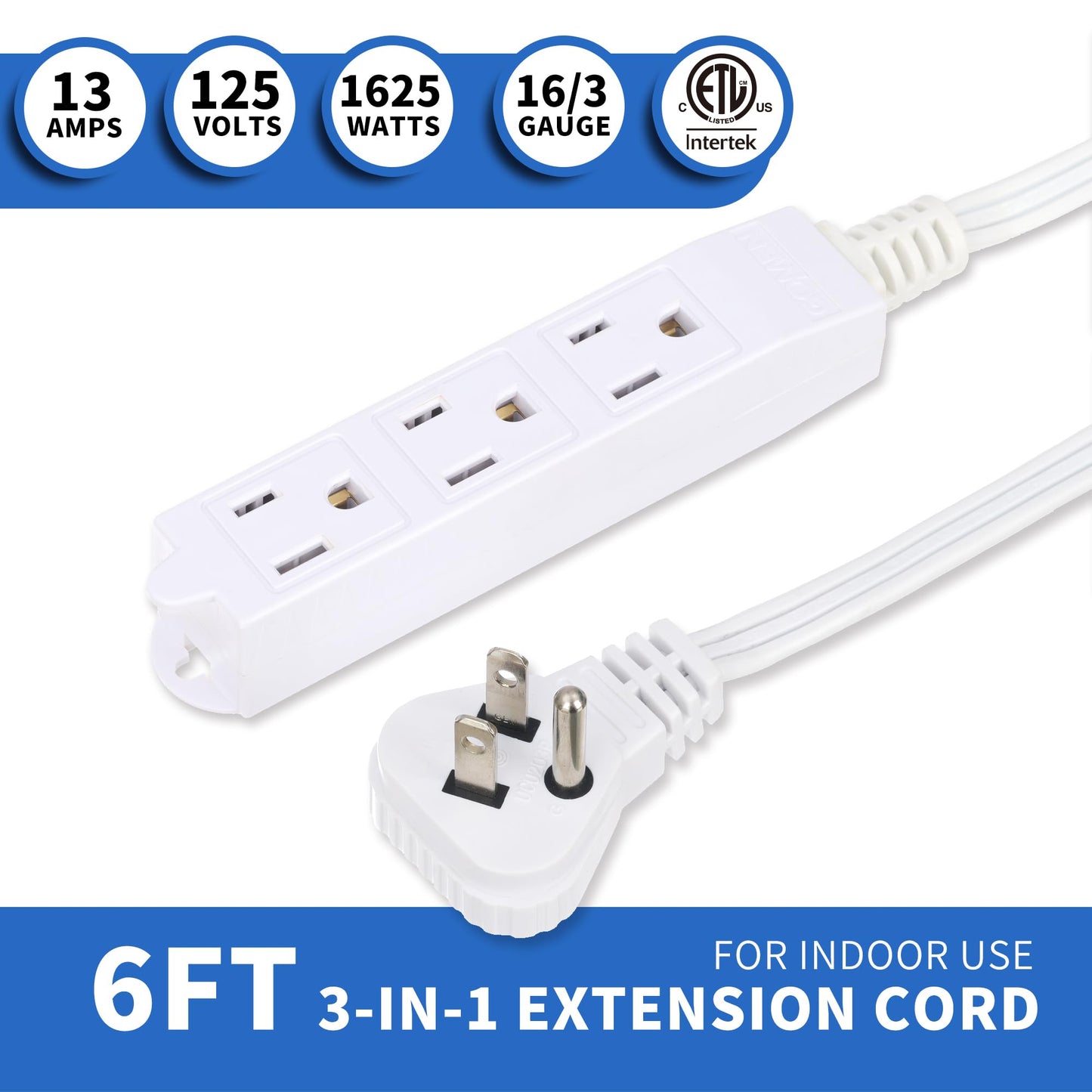 GOMEN 6 Feet Indoor Extension Cord with 3 Outlets, AWG 16/3 Angled Flat Plug Power Strip, 3 Prong Grounded, 13 Amps - 1625 Watts - 125 VAC, White, 4 Pack