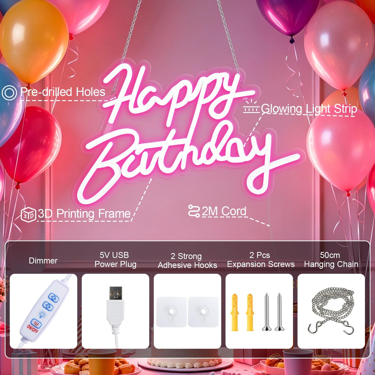 Miootly Happy Birthday Neon Sign for Wall Party Decor, LED Happy Birthday Light up Sign for Backdrop, 16"x 11" USB Powered 10 Brightness Settings Light up Signs Party Decorations Backdrop, Pink