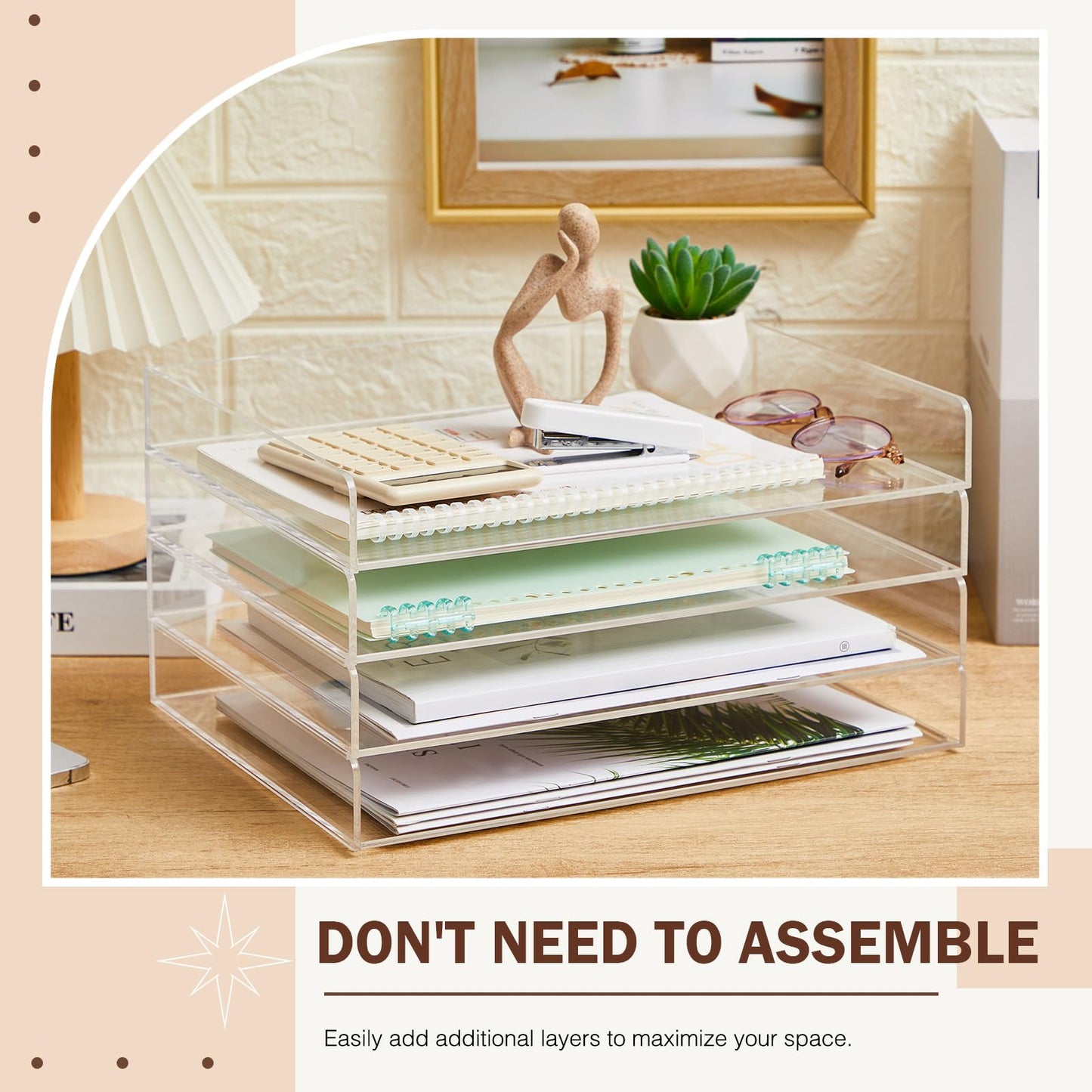 Harloon 4 Tier Acrylic Paper Tray, 13 x 10 x 1.7 Inches, Heavy Duty Stackable Organizer for A4/letter Paper, No Assembly Required, Transparent Acrylic File Storage for Office Workspace Desktop Storage
