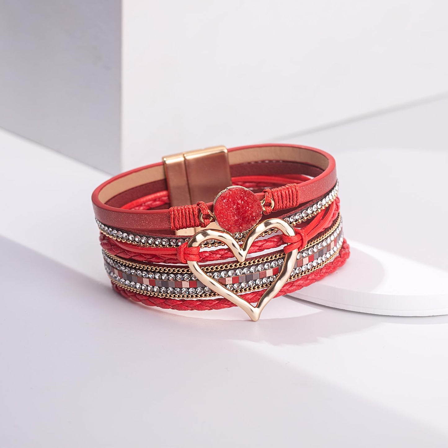 FANCY SHINY Heart Leather Wrap Bracelets Stackable Boho Cuff Bangles Trendy Resin Stone Rhinestone Bracelets with Magnetic Clasp for Women Gifts Jewelry(Red)