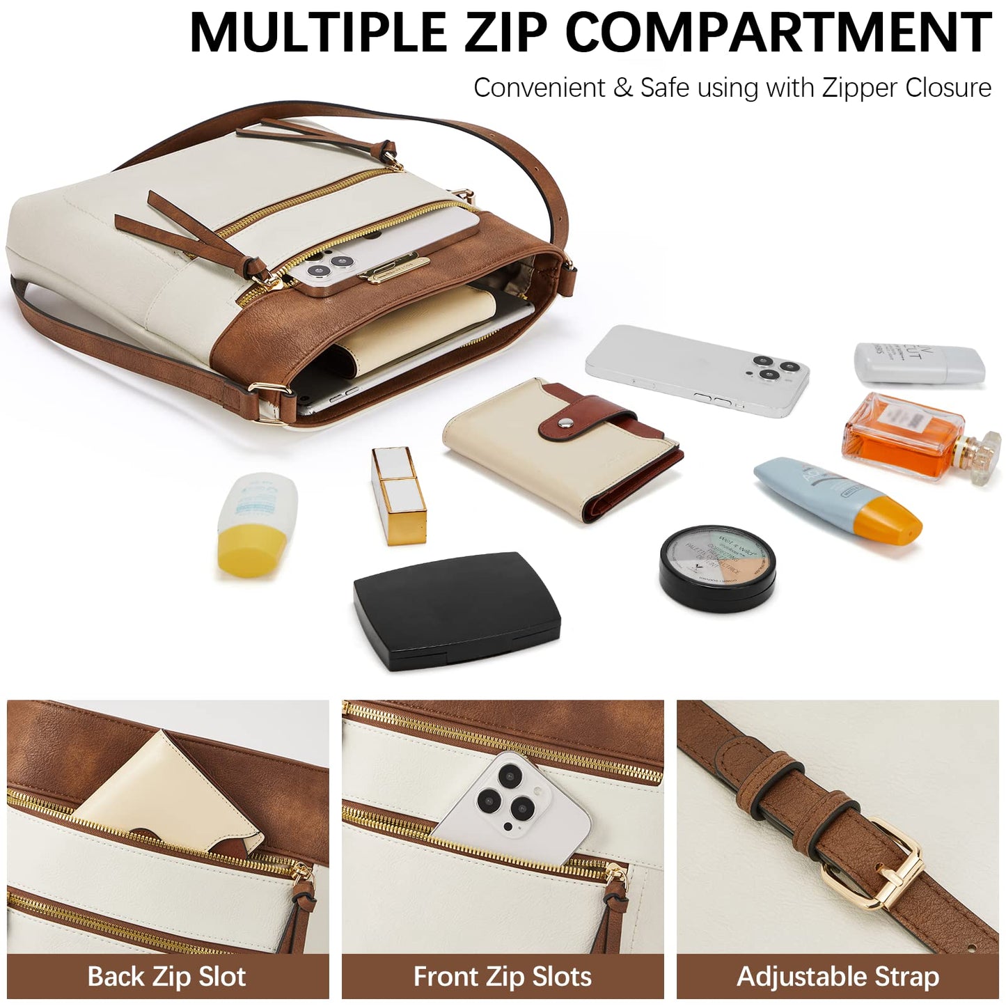BOSTANTEN Crossbody Bags for Women Trendy Vegan Leather Purse Designer Shoulder Handbags with Adjustable Strap Zipper Pocket Beige with Brown