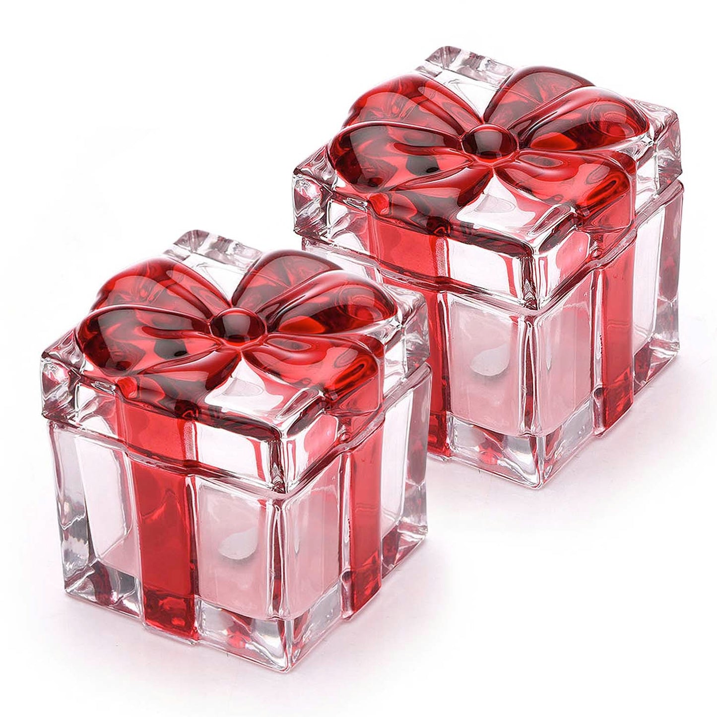 Gkesgm Set of 2 Christmas Candy Jar Red Glass Sugar Jar with Bowknot Lid,Square Crystal Peppermint Sweets Dish, Serving Tray, Serving Platter,Christmas Holiday Decor