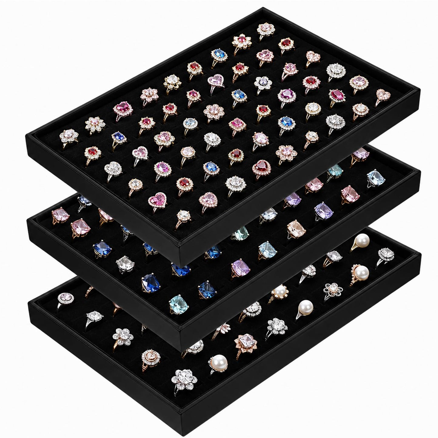 MySHUCE 3 Pcs Ring Organizer Dish Tray, Stackable Jewelry Organizer Trays for Drawer,100 Slots Rings Jewelry Displays Black Velvet Ring Jewelry Display Holder Tray for Selling or Home Show Storage
