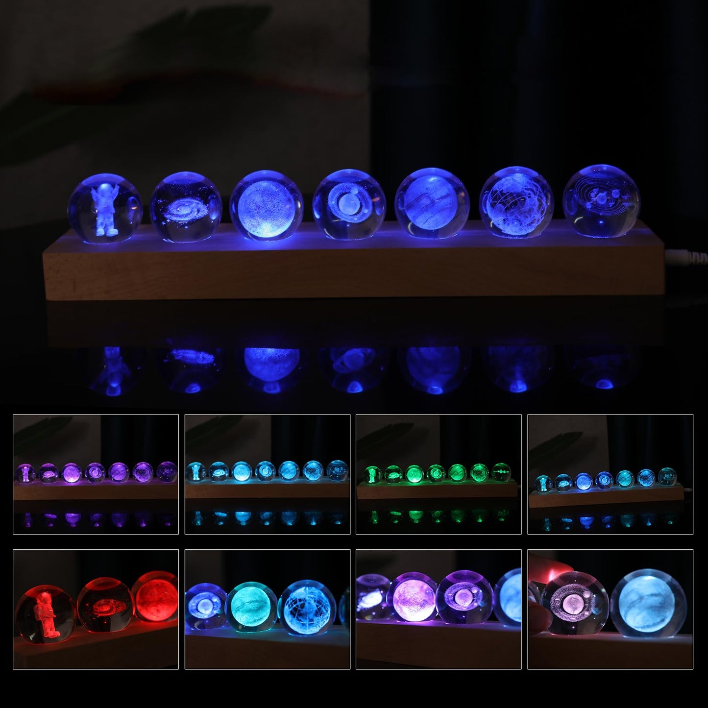 Aoyosic 7 Pcs Planet Crystal Ball Night Light Lamp with LED Wooden Base, 3D Galaxy Moon Saturn Crystal Ball Nightlight for Meditation Positive Energy Decoration for Home for Birthday Christmas Gifts