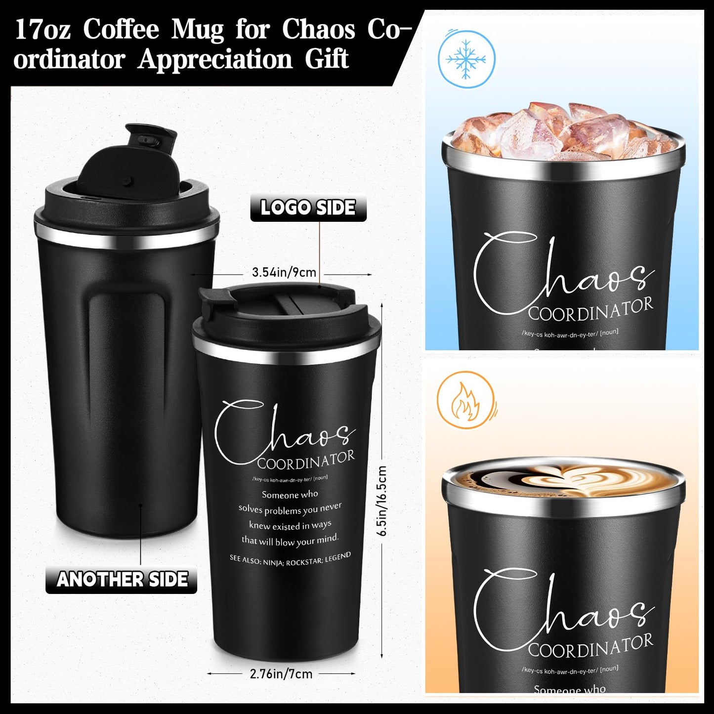 Pickmesh 3 Pcs Chaos Coordinator Appreciation Gifts for Women Men 17 oz Coffee Tumbler A5 Leather Journal with Ballpoint Pen for Admin Professionals Manager Assistant‌ Employee Teacher(Black)