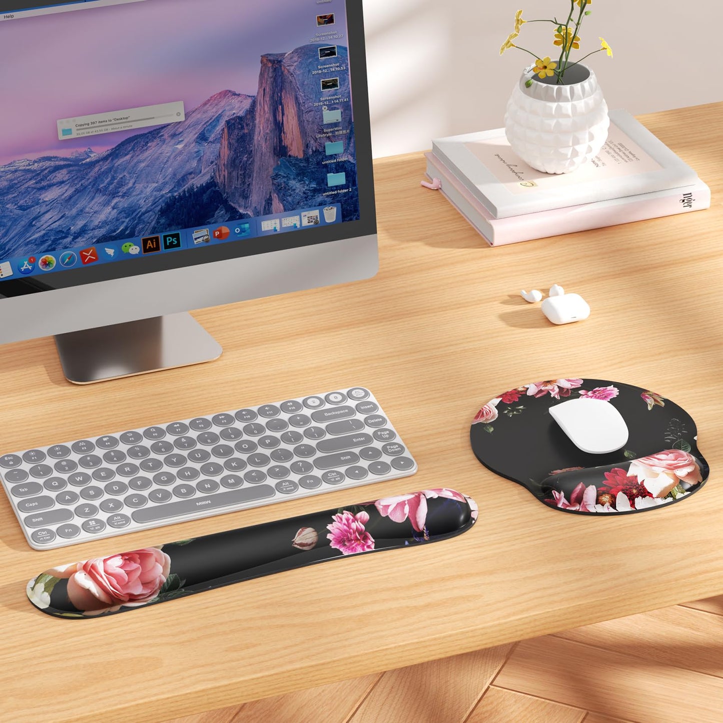KTRIO Ergonomic Keyboard Wrist Rest and Mouse Pad with Wrist Rest Set, Memory Foam Wrist Support for Typing, Gaming, Office and Home Use, Pale Pink, Peony Flower