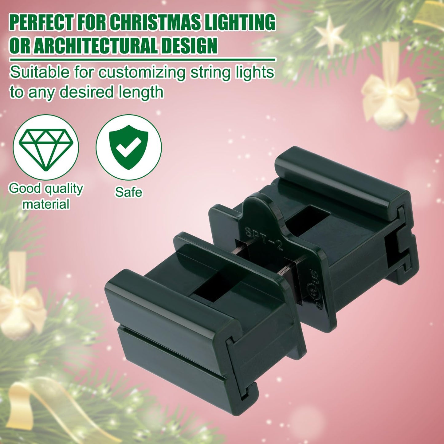 20pcs Holiday Christmas Lighting Outlet Green Slip Plug Set, 10 Male & 10 Female Vampire Adapter Ends, Electric Connector for SPT-2