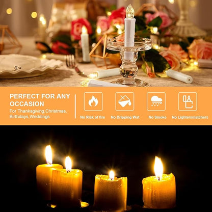 24 Pack Flameless LED Taper Candles with Remote Control and Timers, Warm White, with Clips and Suction Cups