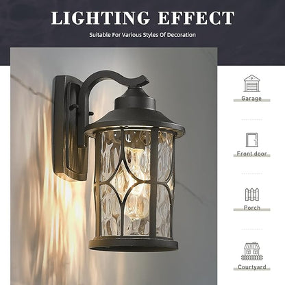 zeyu 2 Pack Patio Wall Light Fixture, 12 Inch Outdoor Modern Wall Lights, Die-Cast Aluminum, Black Finish with Water Ripple Glass, ZX48BWG-2PK BK