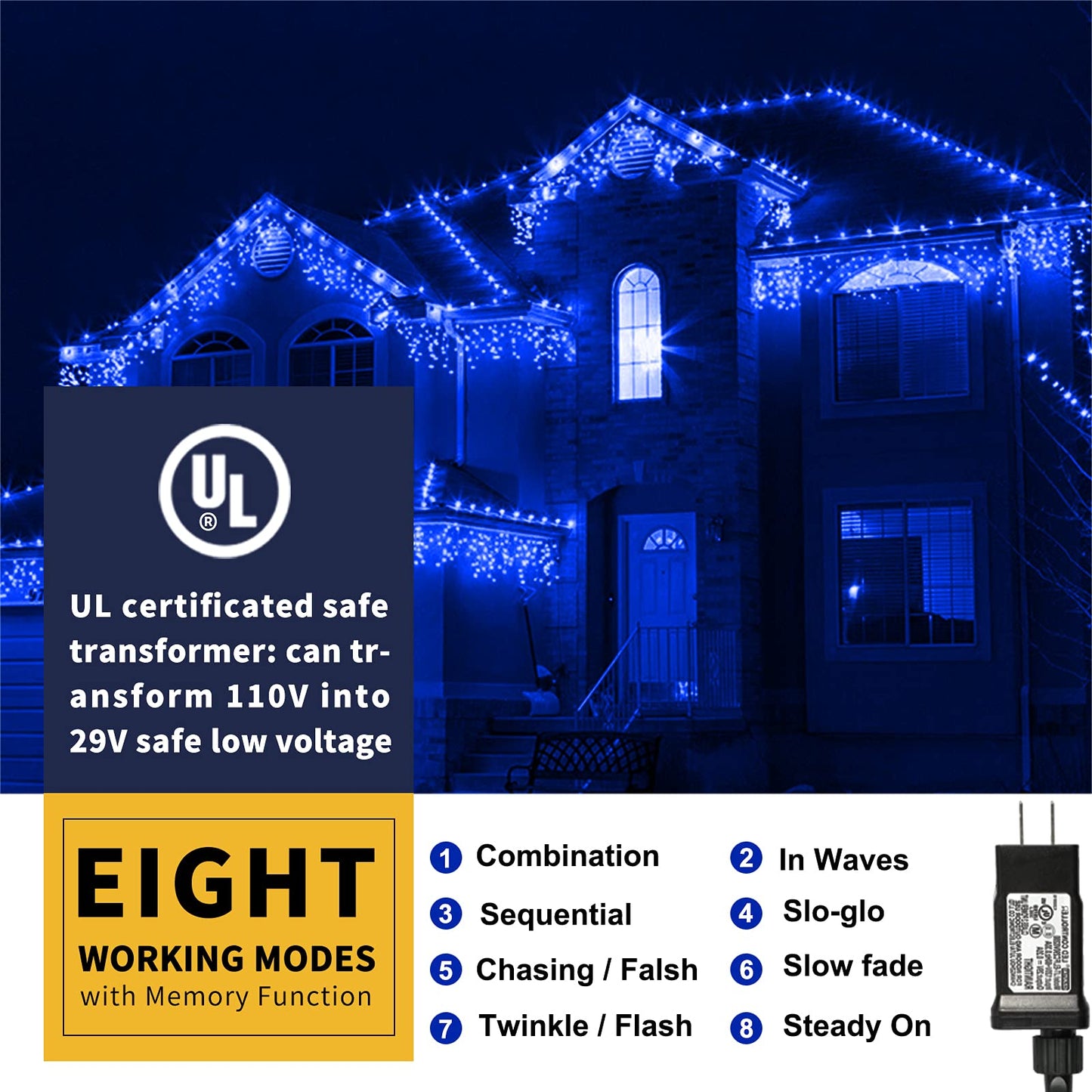 XTF2015 105ft 300 LED Christmas String Lights, End to End Plug 8 Modes Christmas Lights UL Certified Outdoor Indoor Fairy Light Christma s Tree, Patio, Garden, Party, Wedding, Holiday (Blue)