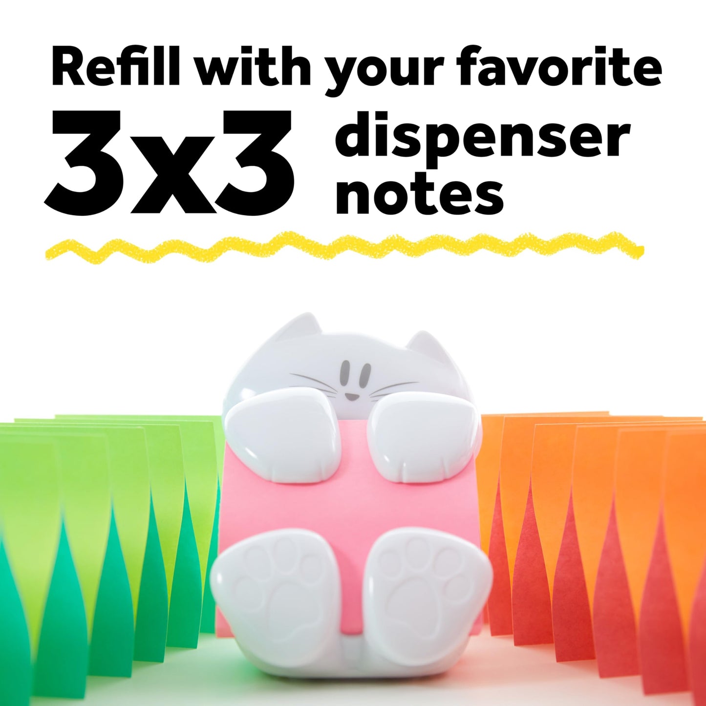 Post-it Dispenser, Sticky Note Holder, White Cat Design, Includes 45 Pop-Up Sheets of 3 in x 3 in Pink, Sticky Notes Holder for Desk, Classroom or Office Supplies